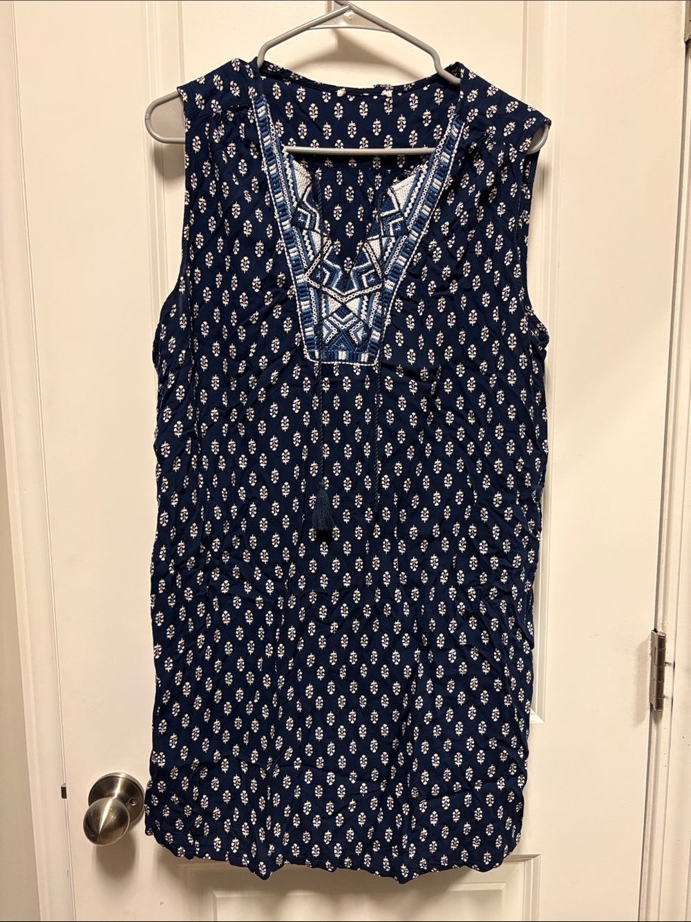 Sleeveless Navy Printed Tunic Dress with Embroidered V-Neck